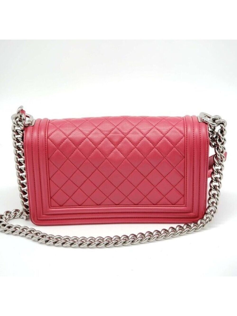 Authentic Chanel Boy Bag Red Quilted Leather Medium Flap Silver Chain CC Logo - Picture 4 of 16